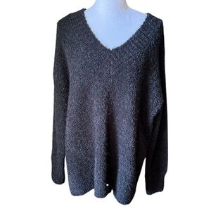 AERIE Black V Neck Teddy Womens Sweater Oversized Long Sleeve Stretch Large